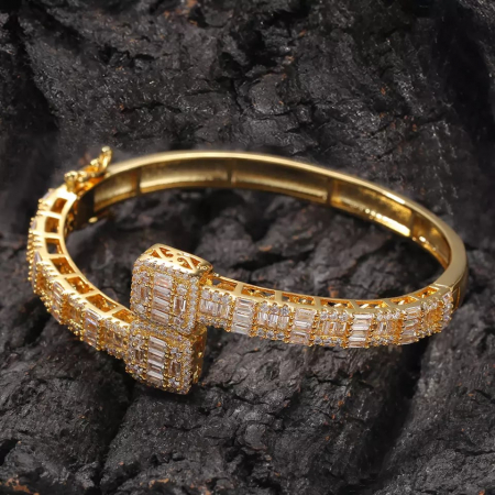Bratara de dama Luxury Iced Out tip Bangle, pietre zirconiu, placat cu aur 24K, inchidere cu prindere de siguranta, Tessero, auriu [1]