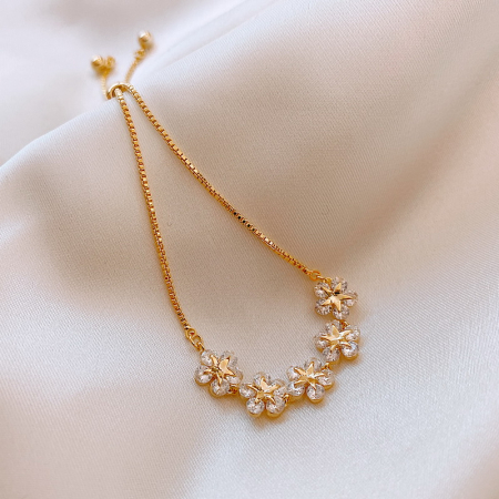 Bratara de dama, model in forma de floare si stelute, marime reglabila, placat cu aur 18K, pietre zirconiu, Tessero, auriu [2]