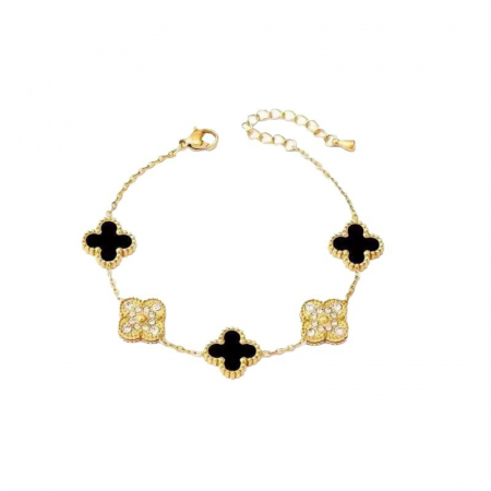 Bijuterii dama - Bratara de dama, model in forma de trifoi, pietre zirconiu, placat cu aur 18K, Tessero, negru