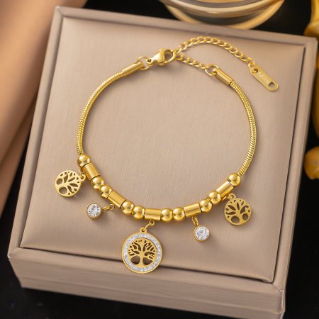 Bijuterii dama - Bratara de dama model Snake cu charm-uri, copacul vietii, pietre zirconiu, placat cu aur 18K, marime reglabila, Tessero, auriu