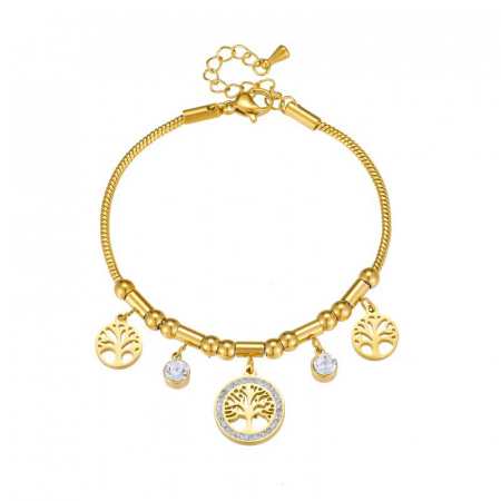 Bratara de dama model Snake cu charm-uri, copacul vietii, pietre zirconiu, placat cu aur 18K, marime reglabila, Tessero, auriu [2]