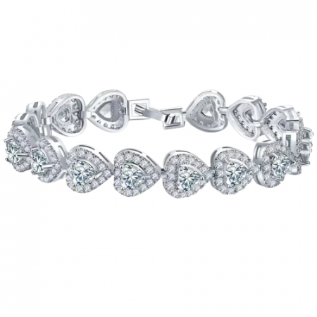 Bijuterii dama - Bratara de dama model tip Tennis, pietre zirconiu in forma de inima, placat cu aur 18K, Tessero, inchidere clips. argintiu