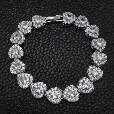 Bratara de dama model tip Tennis, pietre zirconiu in forma de inima, placat cu aur 18K, Tessero, inchidere clips. argintiu [1]
