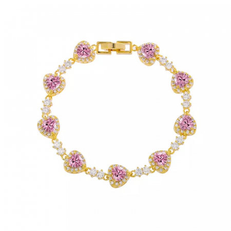 Bijuterii dama - Bratara de dama model tip Tennis, pietre zirconiu in forma de inima, placat cu aur 18K, Tessero, inchidere clips. auriu si roz