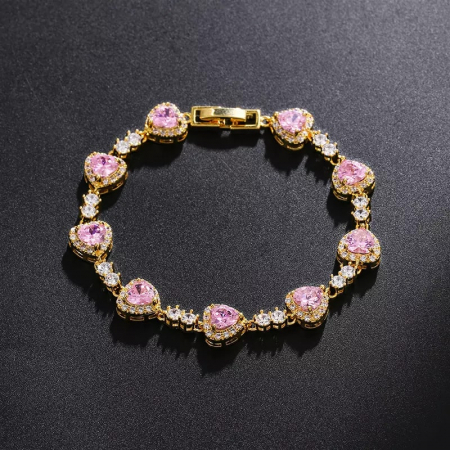Bratara de dama model tip Tennis, pietre zirconiu in forma de inima, placat cu aur 18K, Tessero, inchidere clips. auriu si roz [1]