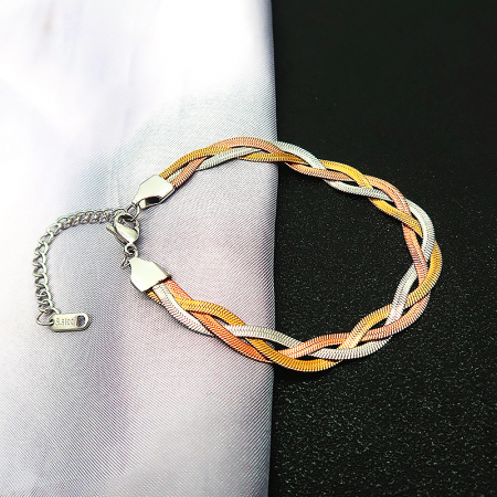 Bijuterii dama - Bratara de dama Snake Chain din otel inoxidabil, model impletit in 3 culori, placat cu aur 18K, marime reglabila prin extensie, Tessero, multicolor