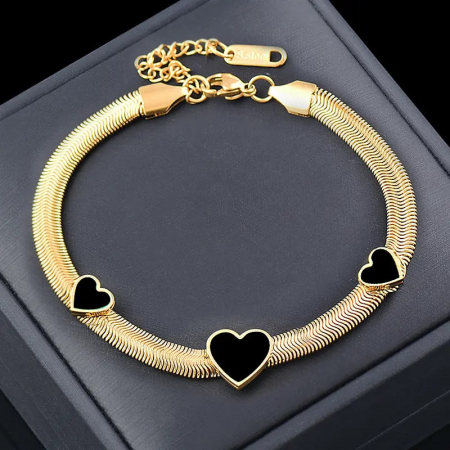 Bratara de dama Snake Chain, model in forma de inimioare, otel inoxidabil placat cu aur 18K, marime reglabila, 18cm+5cm extensie, Tessero, auriu si negru [1]