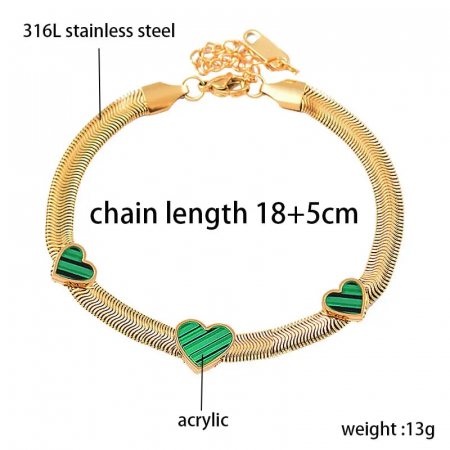 Bratara de dama Snake Chain, model in forma de inimioare, otel inoxidabil placat cu aur 18K, marime reglabila, 18cm+5cm extensie, Tessero, auriu si verde [3]