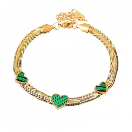 Bratara de dama Snake Chain, model in forma de inimioare, otel inoxidabil placat cu aur 18K, marime reglabila, 18cm+5cm extensie, Tessero, auriu si verde [2]