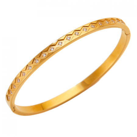Bijuterii dama - Bratara de dama tip Bangle fixa finuta, model slim cu pietre zirconiu, otel inoxidabil, placata cu aur 18K, prindere cu magnet, Tessero, auriu