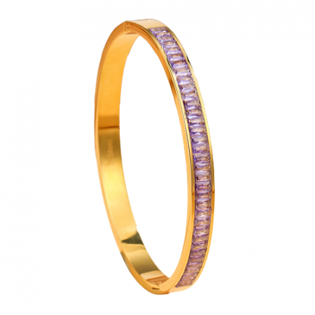 Bijuterii dama - Bratara de dama tip Bangle fixa, model cristale cu efect de Sapphire, pietre zirconiu, otel inoxidabil, inchidere cu magnet, placat cu aur 18K, Tessero, auriu si mov
