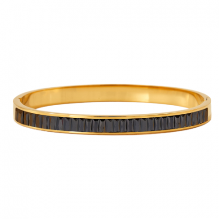 Bijuterii dama - Bratara de dama tip Bangle fixa, model cristale cu efect de Sapphire, pietre zirconiu, otel inoxidabil, inchidere cu magnet, placat cu aur 18K, Tessero, auriu si negru