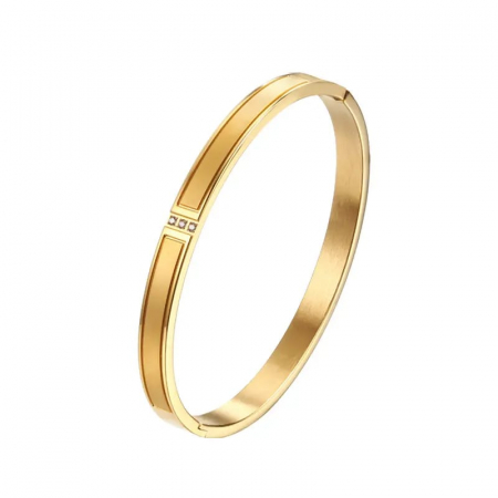 Bratara de dama tip Bangle fixa, model cu 3 cristale zirconiu, otel inoxidabil, placata cu aur 18K, auriu [1]