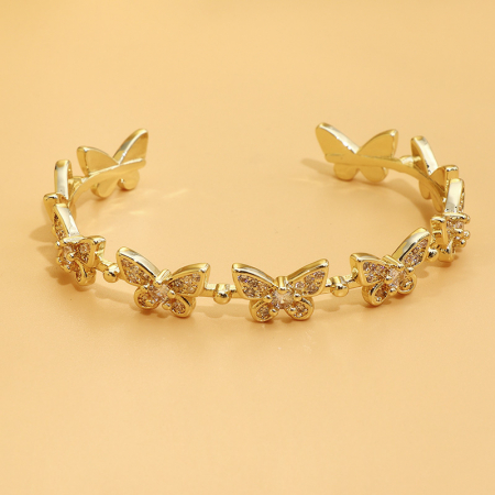 Bratara de dama tip Bangle fixa, model cu fluturi, pietre zirconiu, placat cu aur 18K, auriu, Tessero [3]
