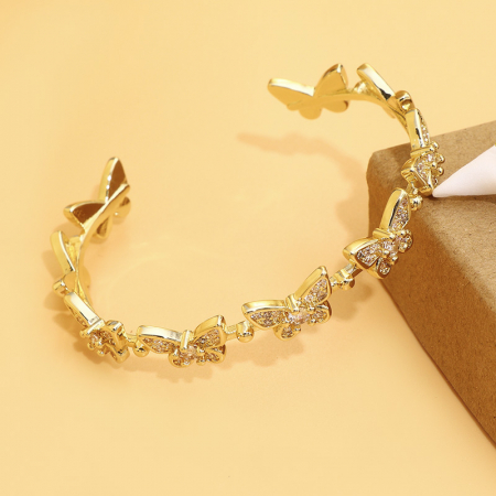 Bratara de dama tip Bangle fixa, model cu fluturi, pietre zirconiu, placat cu aur 18K, auriu, Tessero [2]