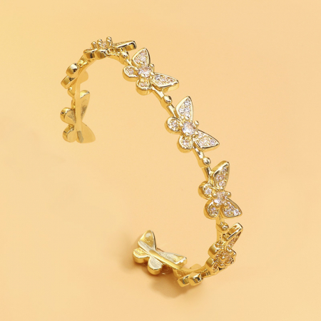 Bratara de dama tip Bangle fixa, model cu fluturi, pietre zirconiu, placat cu aur 18K, auriu, Tessero [1]