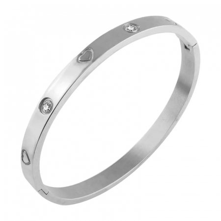 Bijuterii dama - Bratara de dama tip Bangle fixa, model cu pietre zirconiu si inimoare gravata, otel inoxidabil, placata cu aur 18K, argintiu
