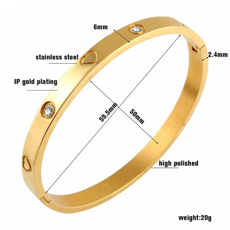 Bratara de dama tip Bangle fixa, model cu pietre zirconiu si inimoare gravata, otel inoxidabil, placata cu aur 18K, auriu [1]