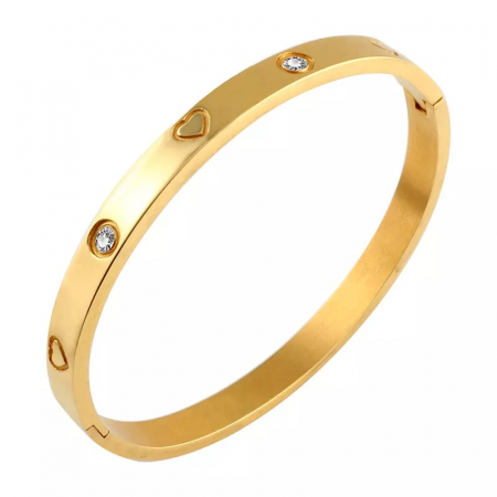 Bijuterii dama - Bratara de dama tip Bangle fixa, model cu pietre zirconiu si inimoare gravata, otel inoxidabil, placata cu aur 18K, auriu