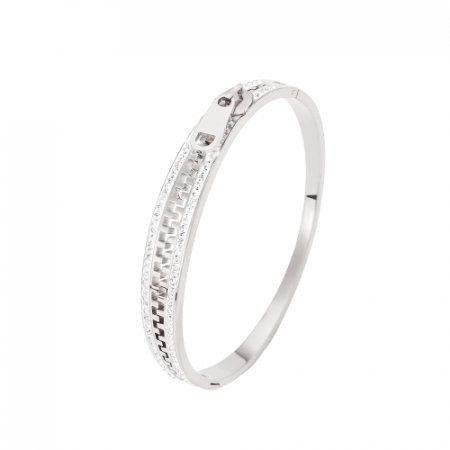 Bijuterii dama - Bratara de dama tip Bangle fixa, model in forma de fermoar, pietre zirconiu, otel inoxidabil, inchidere cu magnet, placat cu aur 18K, Tessero, argintiu