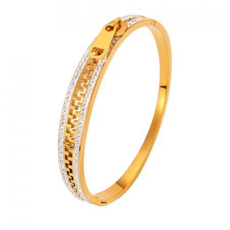 Bijuterii dama - Bratara de dama tip Bangle fixa, model in forma de fermoar, pietre zirconiu, otel inoxidabil, inchidere cu magnet, placat cu aur 18K, Tessero, auriu