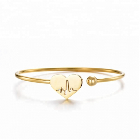Bratara de dama tip Bangle flexibila, model electrocardiograma, inimioara cu puls, placata cu aur 18K, otel inoxidabil, auriu [1]