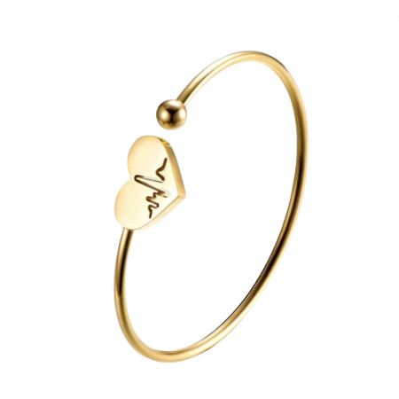 Bijuterii dama - Bratara de dama tip Bangle flexibila, model electrocardiograma, inimioara cu puls, placata cu aur 18K, otel inoxidabil, auriu