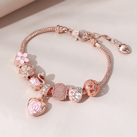 Bijuterii dama - Bratara de dama tip Pandora cu charmuri, reglabila, placata cu aur 18k, rose gold