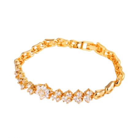 Bijuterii dama - Bratara de dama tip Tennis cu trei randuri de pietre zirconiu, model in forma de floare, placat cu aur 18K, inchidere cu clips, Tessero, auriu