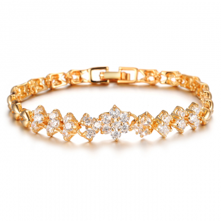 Bratara de dama tip Tennis cu trei randuri de pietre zirconiu, model in forma de floare, placat cu aur 18K, inchidere cu clips, Tessero, auriu [1]