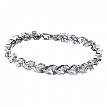 Bijuterii dama - Bratara de dama tip Tennis, pietre zirconiu in forma de frunza, inchidere clips, placat cu aur 18K, Tessero, argintiu
