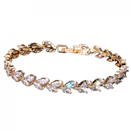 Bijuterii dama - Bratara de dama tip Tennis, pietre zirconiu in forma de frunza, inchidere clips, placat cu aur 18K, Tessero, auriu