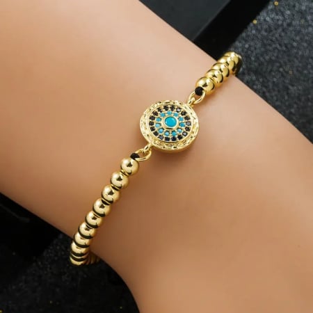 Bratara de mana luxury cu bilute placate cu aur 18K, charm model Evil Eye, marime reglabila, unisex, Tessero, auriu [2]