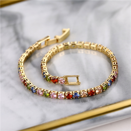 Bratara de mana model Tennis cu pietre zirconiu multicolore, 4mm, placata cu aur 18K, unisex, auriu [3]
