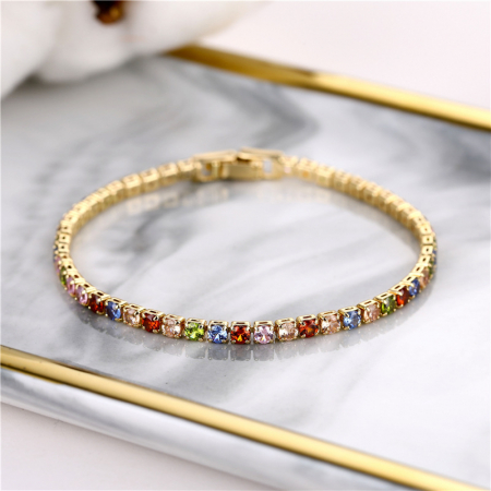 Bijuterii dama - Bratara de mana model Tennis cu pietre zirconiu multicolore, 4mm, placata cu aur 18K, unisex, auriu