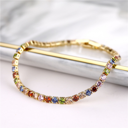 Bratara de mana model Tennis cu pietre zirconiu multicolore, 4mm, placata cu aur 18K, unisex, auriu [1]