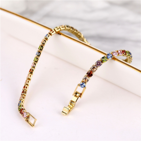 Bratara de mana model Tennis cu pietre zirconiu multicolore, 4mm, placata cu aur 18K, unisex, auriu [2]