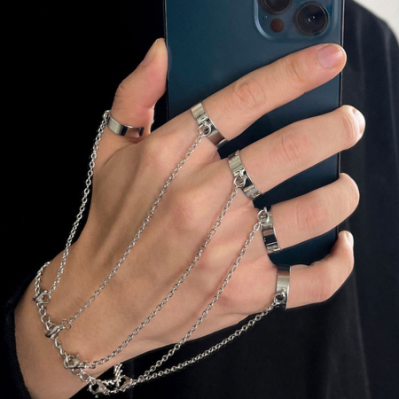 Bratara din lanturi cu 5 inele detasabile, marime reglabila, unisex, placat cu argint, Tessero, argintiu [3]