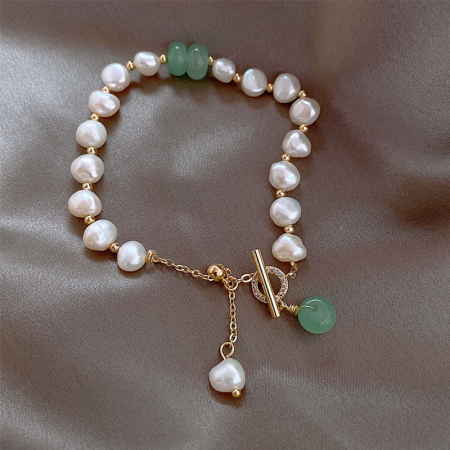 Bratara din perle naturale si cristal de jad, placat cu aur 18K, auriu [2]