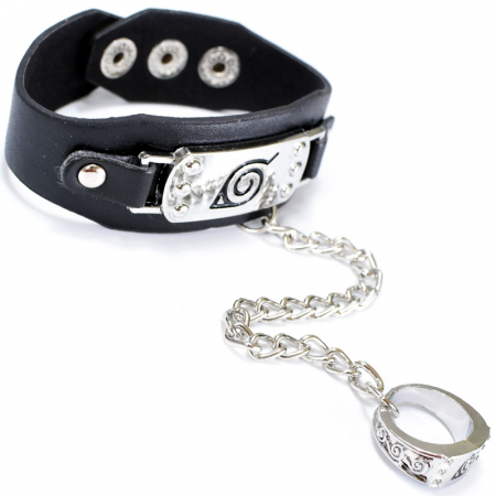 Bratara din piele Naruto Konoha cu inel, inchidere clips reglabila, Tessero, negru [1]
