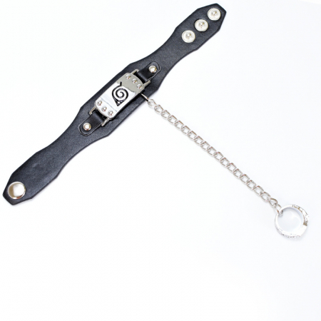Bijuterii barbati - Bratara din piele Naruto Konoha cu inel, inchidere clips reglabila, Tessero, negru