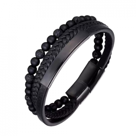 Bijuterii barbati - Bratara din piele naturala cu siraguri multiple, model cu placuta, pietre semipretioase onyx si roca vulcanica, prindere magnet, 20 cm, Tessero, negru