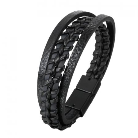 Bijuterii barbati - Bratara din piele naturala cu siraguri multiple, model incretit prin impletire, prindere magnet, Tessero, negru