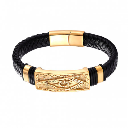 Bijuterii barbati - Bratara din piele naturala impletita, model cu semn Masonic in forma de echer si compas, prindere magnet, Tessero, negru si auriu
