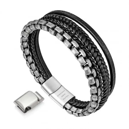 Bijuterii barbati - Bratara din piele naturala impletita si otel inoxidabil Vintage cu extensie, lant design cubic, prindere magnet, marime reglabila prin extensie magnetica, Tessero, negru si argintiu