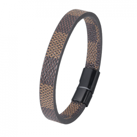 Bijuterii barbati - Bratara din piele naturala, model cu imprimeu, prindere magnet, unisex, 20 cm, Tessero, maro