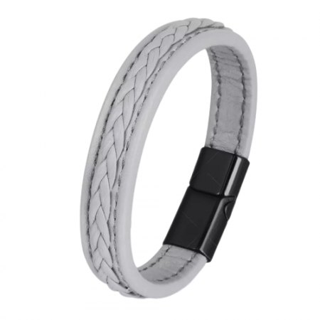 Bijuterii barbati - Bratara din piele naturala, model impletit cu cusatura, prindere magnet, 20 cm, Tessero, gri