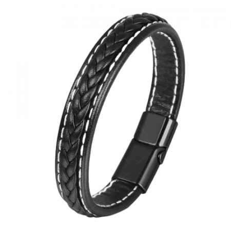 Bijuterii barbati - Bratara din piele naturala, model impletit cu cusatura, prindere magnet, 20 cm, Tessero, negru