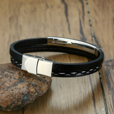 Bijuterii barbati - Bratara din piele naturala, model placa si cusatura, inchidere clips, argintiu, Tessero