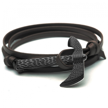 Bijuterii barbati - Bratara din piele naturala, model stil infasurat, prindere in forma de topor, Tessero, negru